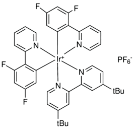 1072067-44-7 H20869 [Ir(dFppy)2(dtbbpy)]PF6
[4,4'-双(1,1-二甲基乙基)-2,2'-联吡啶-k N,k N]双[3,5-二氟-2-(2-吡啶基-k N)苯基-k C]六氟磷酸铱